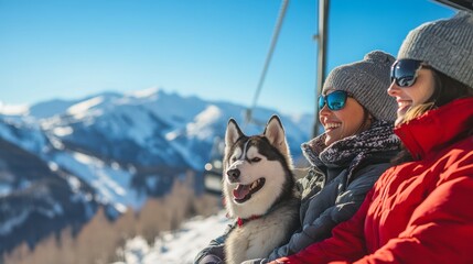 Family at a ski resort, mountain resort vacation, winter vacation, travel with dog, happy dog, travelling together