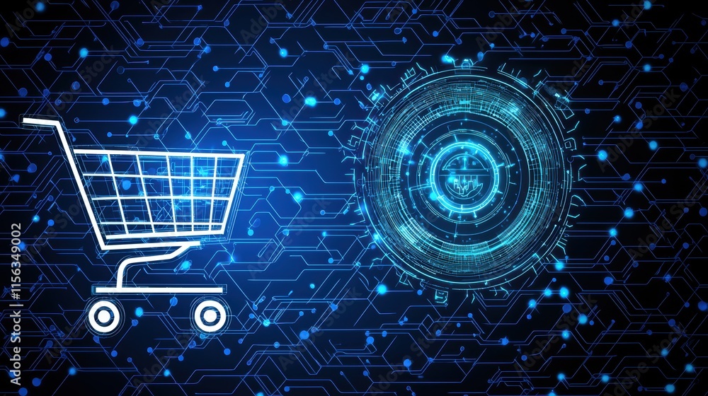Poster digital shopping cart on futuristic background of data circuits