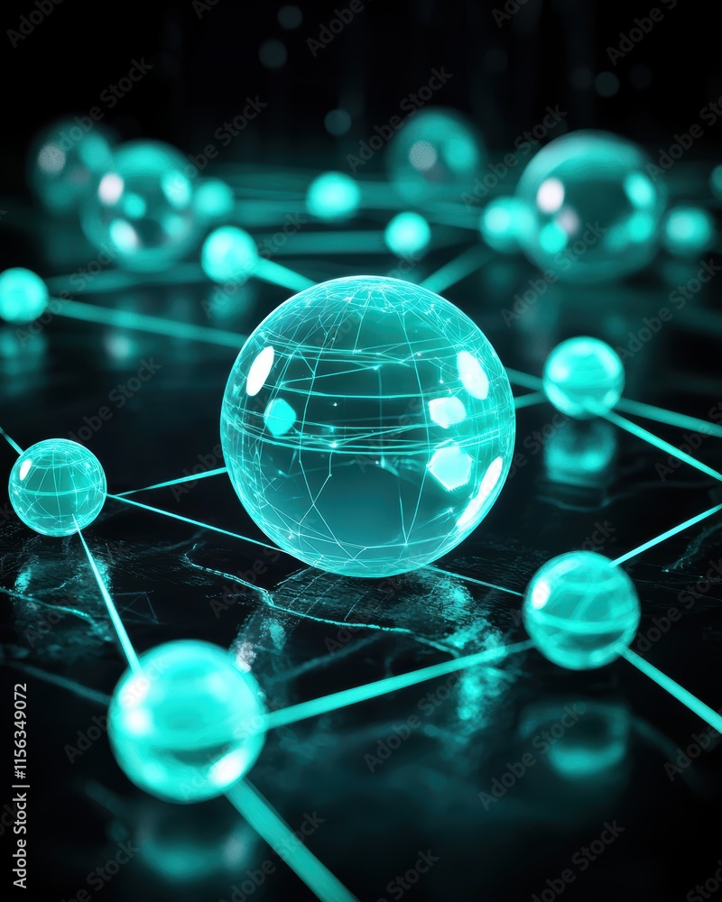 Poster glowing spheres representing network connections in abstract design