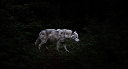 Fototapeta premium Arctic Wolf Walking Through Dark Forest at Night
