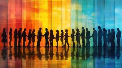 A Spectrum of Unity: Silhouettes of diverse people standing hand-in-hand against a vibrant rainbow backdrop, symbolizing inclusivity, collaboration, and the shared journey towards a brighter future.