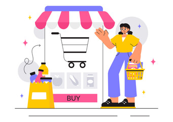 Online Grocery Store Vector Illustration Featuring Food Product Shelves, Racks with Dairy, Fruits, and Drinks for Shopping Orders via Telephone