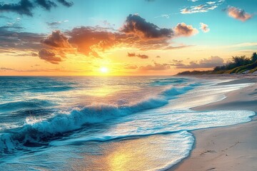 Obraz premium Serene Sunrise Over a Tranquil Beach Amidst Gentle Waves and Colorful Clouds Reflecting in the Calm Ocean Water