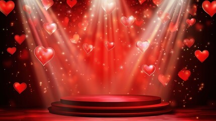 Valentine's Day Background with Floating Hearts on a Minimalist Podium Stage and Vibrant Red Backdrop.