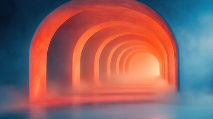 Fototapeta premium A surreal corridor with glowing arches and mist, creating a dreamlike atmosphere.
