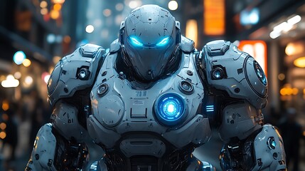 Fototapeta premium Futuristic Robot Strolling Through City Streets At Night