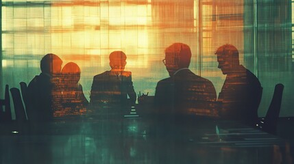 Strategic Meeting: Silhouettes of businesspeople engaged in a serious discussion around a boardroom table, captured with a double exposure effect, symbolizing strategic planning and collaboration. 