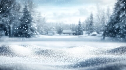 Serene Winter Landscape with Soft Snow, Falling Snowflakes, and Captivating Background Featuring Snow-Covered Trees and Ground