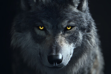 Close-up of an angry wolf's face with glowing eyes