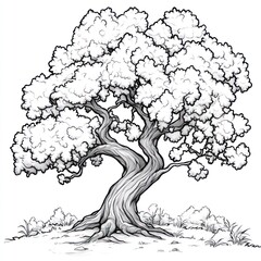 Detailed illustration of a large, twisting tree with full foliage.