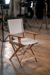 Film staging - cinematic interior showcasing a director chair, lights and cameras, capturing the essence of creativity, production ambiance, art of storytelling in a dramatic setting.