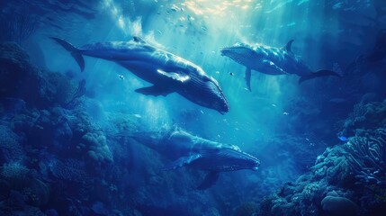 Fototapeta premium Three majestic whales swimming through a vibrant underwater ecosystem.