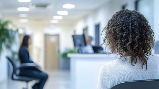 Waiting Room Anxiety: A woman with curly hair sits in a waiting room, her back to the camera, conveying a sense of anticipation and perhaps apprehension.