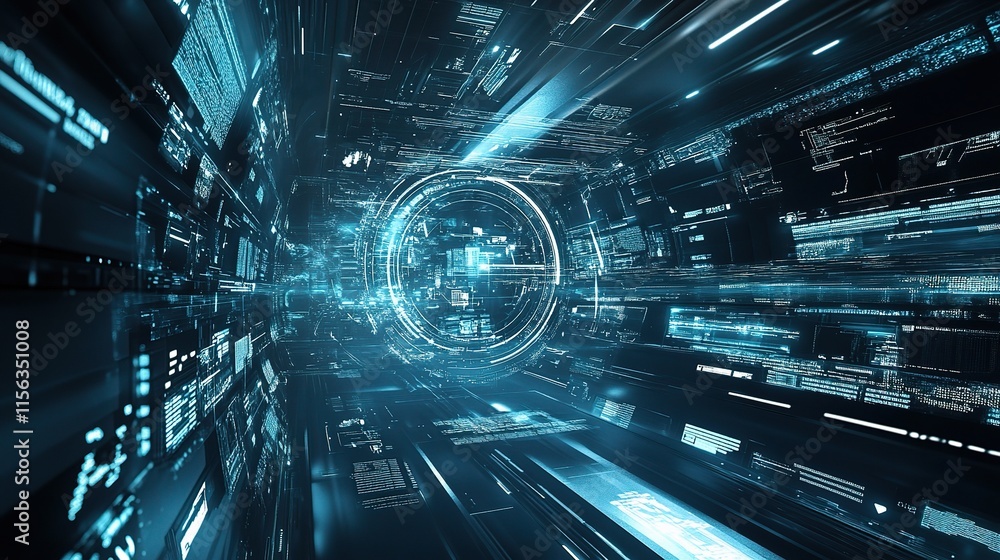 Poster digital speed tunnel: abstract and mesmerizing, a digital tunnel composed of lines of code and flash
