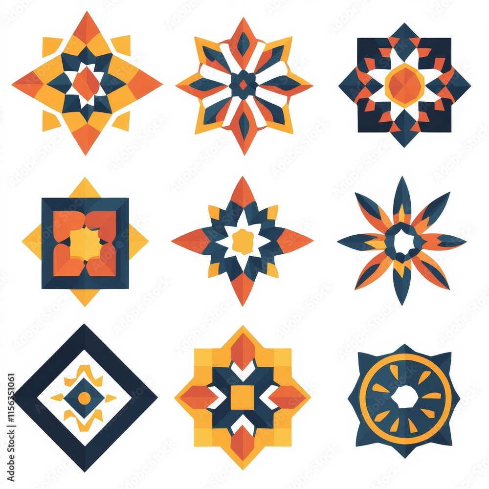 Poster a set of nine different colored geometric shapes. some of the shapes are squares and triangles. the 