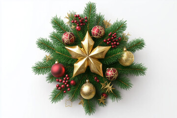 Christmas Tree Top View Festive Fir Tree Decoration with Ornaments Isolated on Transparent PNG or White Background