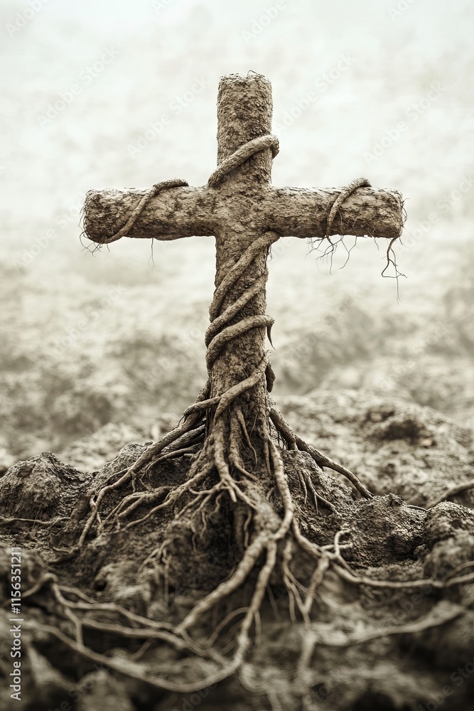 Poster a cross is surrounded by roots and is in a muddy field. concept of decay and the passage of time