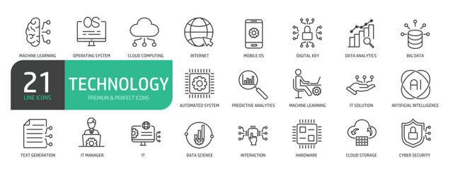 Information Technology Line Icon Set. Contains icons as Operating System, Data Analyzing, Big Data, Cloud Computing, Network Server, Artificial Intelligence, Machine Learning, Cyber Security.