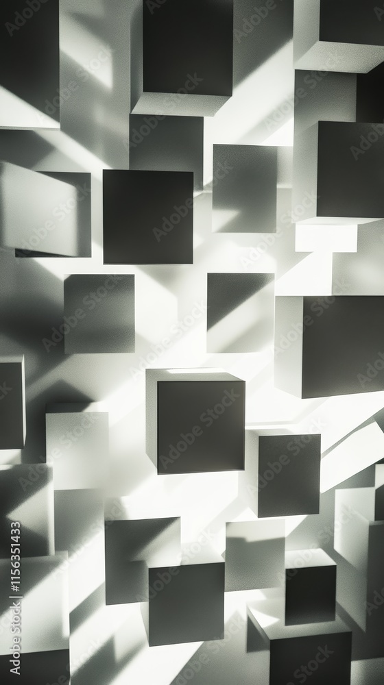 Poster a black and white photo of a wall made of cubes. the cubes are all different sizes and are arranged 