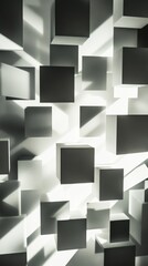 A black and white photo of a wall made of cubes. The cubes are all different sizes and are arranged in a pattern