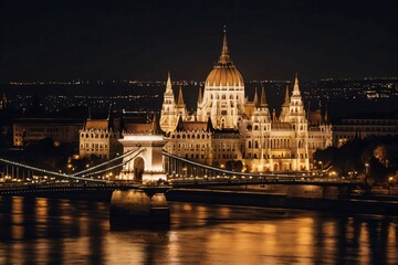 Obraz premium A nighttime view of a City illuminated with golden yellow lights, stretching majestically over the river