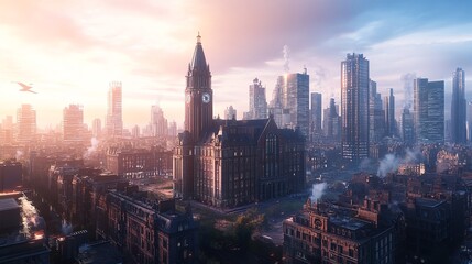 Obraz premium A snowy owl wings spread wide against a backdrop of a frost-covered meadow, the horizon glowing softly with the light of a winter sunrise, dreamy landscape