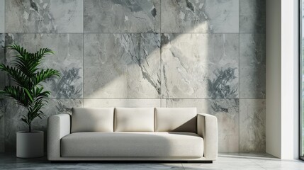 A modern living space featuring a light-colored sofa against a textured stone wall.