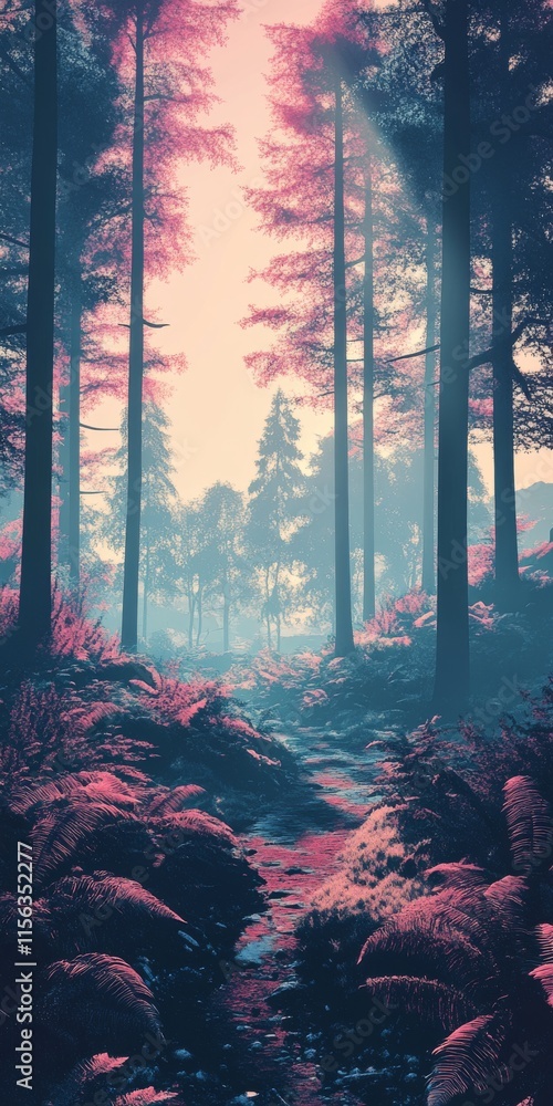Poster a forest with pink trees and a path. the path is surrounded by bushes. the trees are tall and green