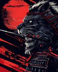 Black lion samurai with sword against red moon.