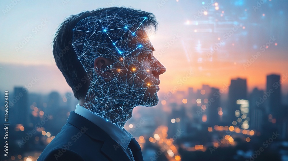 Poster man and ai synergy: a profile view of a businessman superimposed with a futuristic network of connec