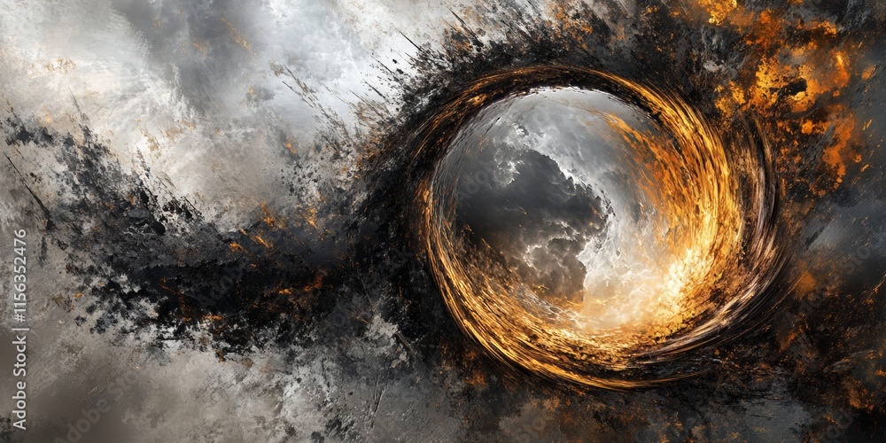 Poster a captivating abstract depiction of a cosmic vortex with fiery and smoky elements swirling in a dark