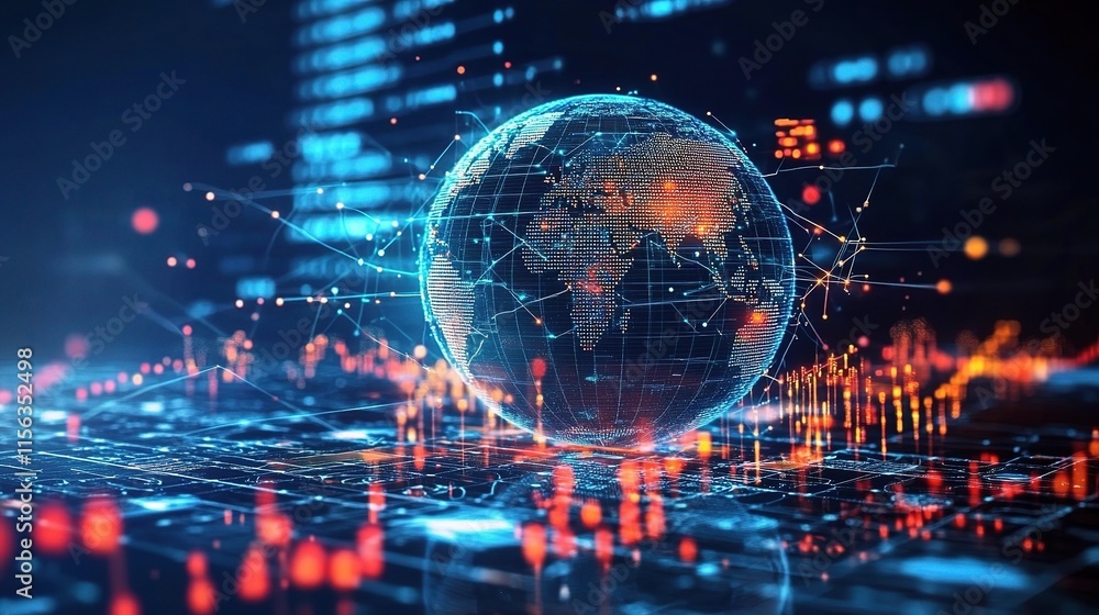 Poster digital globe with technology data overlay in gradient background