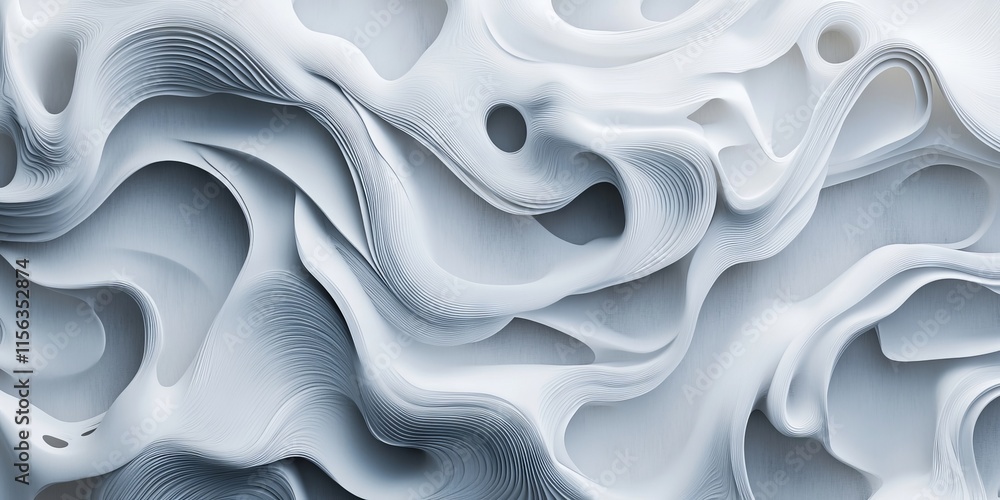 Poster abstract image showcasing layered white paper with organic curves and waves, creating a minimalist a