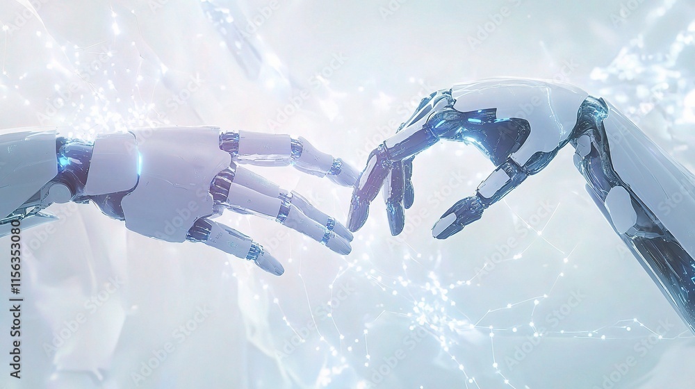 Poster futuristic robo hands engaging in machine learning interaction