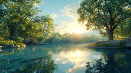 Tranquil River Flowing Through Lush Green Forest Surrounded by Smooth Rocks and Gentle Ripples Creating a Peaceful Natural Landscape Scene