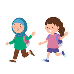 Two girls with backpack waving