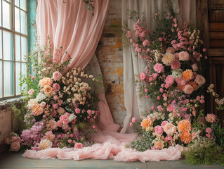 Vintage Wedding maternity engagement studio photo backdrop banner background with soft blush pink peach cream white delicate rustic flowers and dreamy romantic curtains