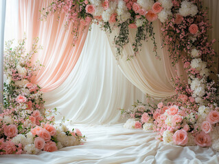 Wedding maternity engagement studio photo backdrop banner background with soft blush peach pink cream white delicate rustic flowers and dreamy romantic curtains