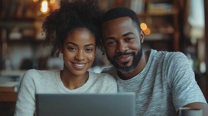 Happy young family couple managing household budget, enjoying planning investment, 