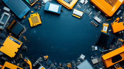A vibrant arrangement of electronic components and devices, predominantly in orange, set against a dark background, showcasing technology and innovation.