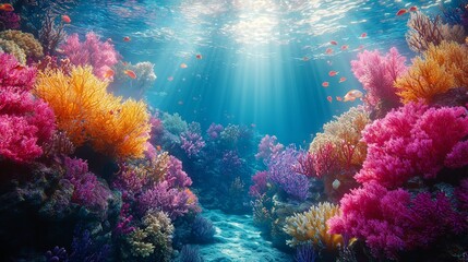 Fototapeta premium Vibrant Coral Reef Under Sunlight with Graceful Fish Swimming Among Colorful Corals Creating a Lively Underwater Ecosystem Full of Life and Beauty