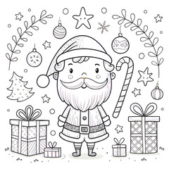Christmas Santa Claus Coloring Page Cute Cartoon with Holiday Ornaments and Presents