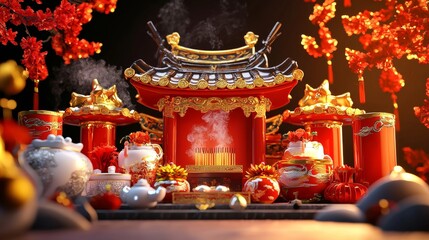Fototapeta premium Vibrant Red and Gold Chinese Shrine with Illuminated Lantern Creating a Cultural Atmosphere of Tranquility and Spirituality in an Urban Setting