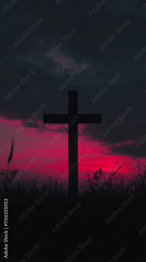Poster a cross is shown in a field at sunset. the sky is dark and the cross is the only light source