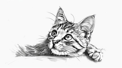 A cat is laying on a white background. The cat has a black nose and green eyes. The cat is looking at the camera