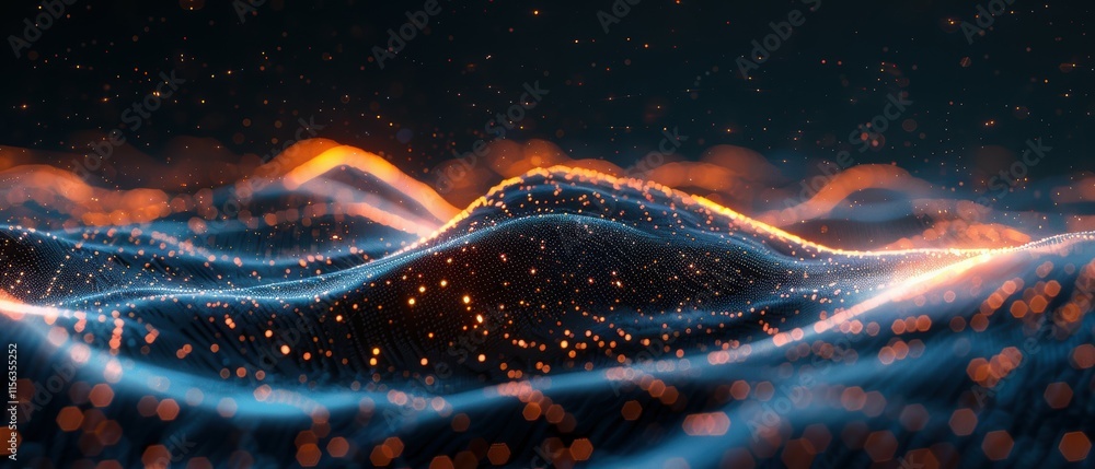 Poster abstract digital landscape with glowing waves and sparkling particles