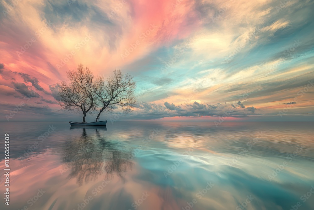 Poster a boat is floating on the water in front of a tree. the sky is filled with clouds and the water is c