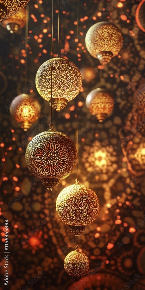 Poster a string of gold colored lanterns hanging from the ceiling. the lanterns are all different sizes and