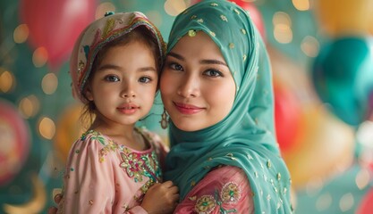 Vibrant Embrace of a Muslim Mother and Daughter in Traditional Attire