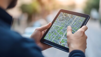 Man Using Tablet to View City Map Outdoors